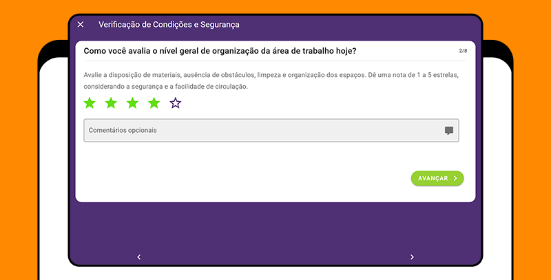 Imagem de uma pergunta de checklist exibindo o modelo de resposta por estrelas, um dos tipos de respostas dos checklists da Checkbits usado para avaliar condições com base em pontuação.