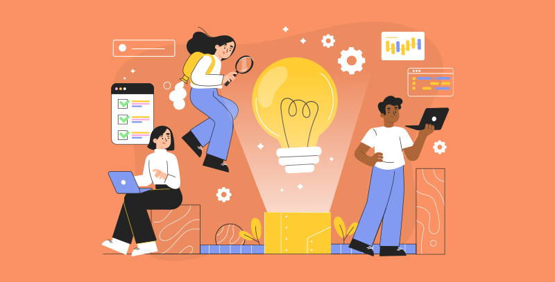 Quando implementar Três profissionais interagem com recursos visuais de tecnologia e inovação, representando o momento ideal para implementar uma POC.