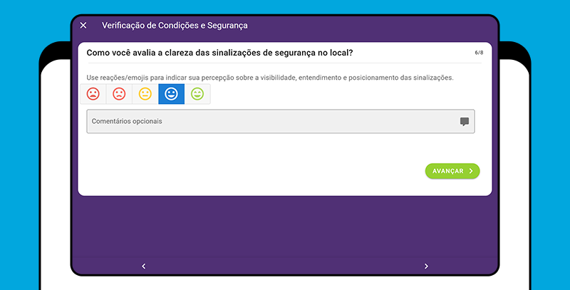 Tela exemplificando o uso de reações com emojis para avaliar a clareza das sinalizações de segurança, permitindo respostas rápidas baseadas na percepção visual do ambiente.