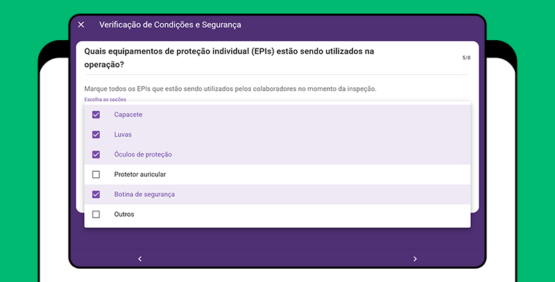 Imagem ilustrando o campo de seleção múltipla, um dos tipos de respostas dos checklists da Checkbits, utilizado para indicar todos os itens aplicáveis em uma verificação.