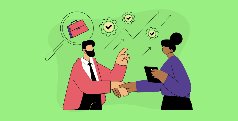 Benefícios de uma auditoria interna eficiente Ilustração de duas pessoas apertando as mãos, com engrenagens e gráficos de crescimento simbolizando eficiência e resultados positivos do processo.