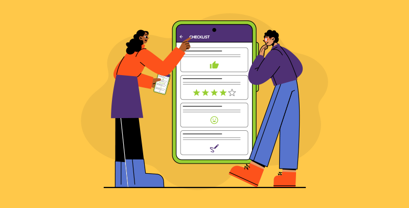Boas práticas para a implementação dos checklists Duas pessoas interagem com um checklist digital em um celular gigante, representando a importância de envolver e treinar a equipe na implementação eficaz de checklists.