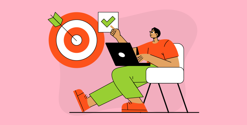 Como criar um checklist Pessoa no computador segurando um símbolo de tarefa concluída, com alvo e flecha ao fundo. Representa foco, planejamento e uso de checklists para alcançar metas com eficiência.