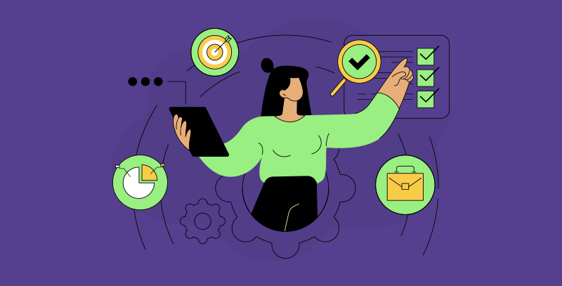 Como elaborar um checklist para auditoria interna Ilustração de auditoria interna com profissional utilizando tablet e checklist, rodeada por ícones de metas, gráficos e organização, simbolizando análise e controle eficiente de processos.