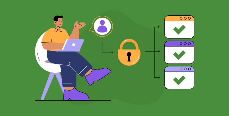 Homem usando notebook conectado a várias plataformas com um único login. Ilustração mostra como o SSO (Single Sign-On) permite acesso seguro e centralizado a diferentes sistemas com uma só autenticação.