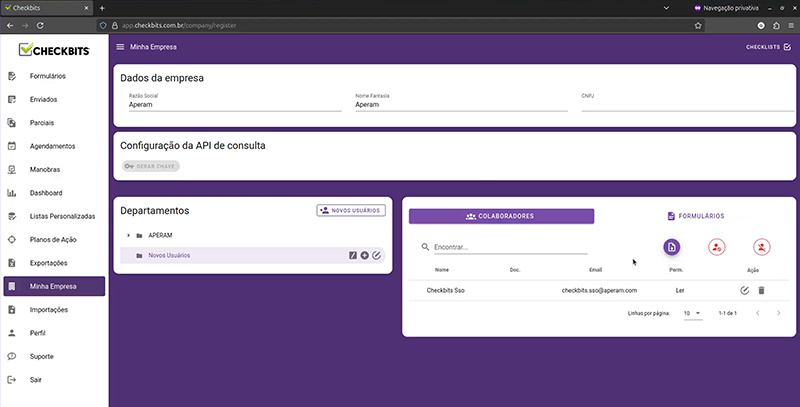 Captura de tela da plataforma Checkbits.