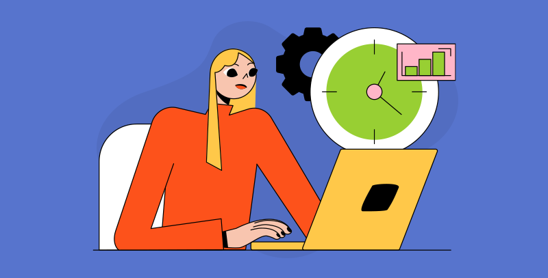 Importância dos checklists Mulher trabalha no notebook com ícones de engrenagem, relógio e gráfico ao fundo, simbolizando contribuição para produtividade, eficiência e controle de processos.