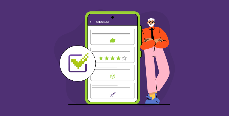 Pronto para fazer um checklist_ Tenha acesso a um app grátis por 7 dias Homem ao lado de um celular exibindo o app Checkbits, com checklist digital preenchido e ícone de tarefa concluída, representando a praticidade de criar e acompanhar checklists.