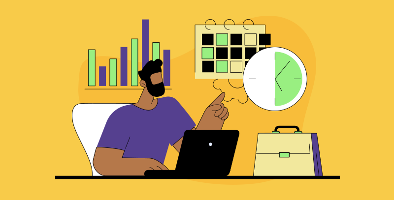Quando fazer uma auditoria interna Ilustração de auditoria interna mostrando profissional no computador com gráficos, calendário e relógio, simbolizando organização e acompanhamento do processo.