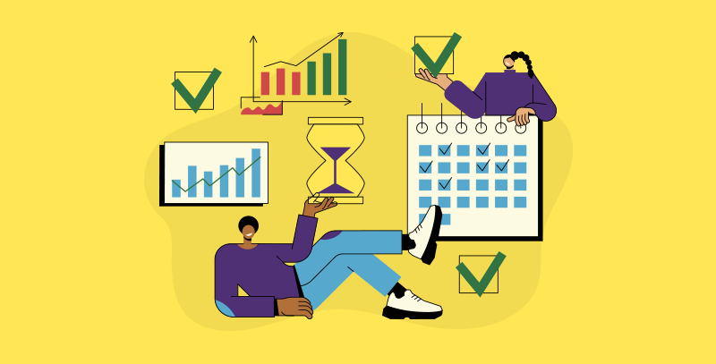 A imagem mostra profissionais acompanhando gráficos e calendário, simbolizando os benefícios do agendamento de tarefas para organização e produtividade.