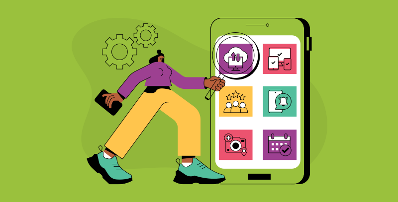 Ilustração de uma pessoa analisando ícones de recursos e tarefas em um app de checklist.