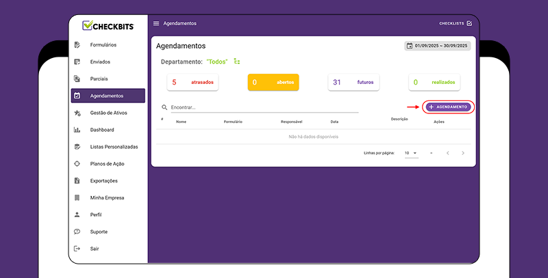 Print da tela de agendamento de tarefas na plataforma Checkbits.