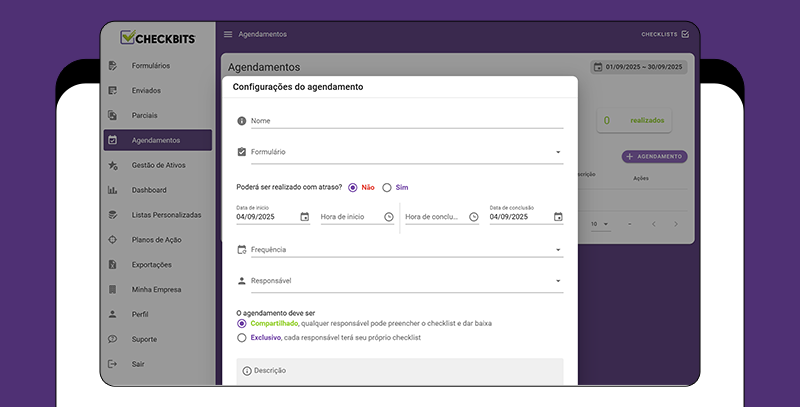 Print da tela do campo de novo agendamento na plataforma Checkbits.