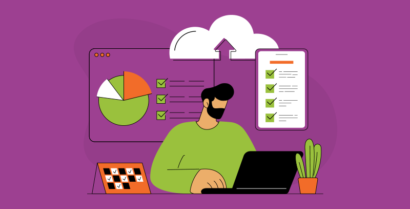 Profissional acompanhando checklists e relatórios em nuvem, reforçando os benefícios da rotina programada com apoio da tecnologia.