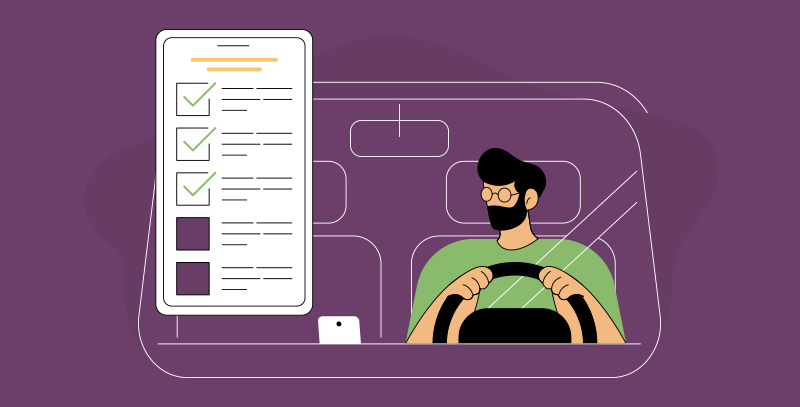 A mobilidade inerente à inspeção veicular Motorista ao volante acompanhando um checklist de carros no painel, reforçando a importância da verificação antes de dirigir.