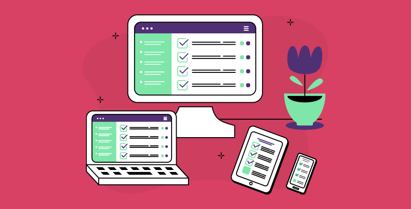 Computador, tablet e celular exibindo listas com marcações, demonstrando a integração entre dispositivos em aplicativos de checklists.