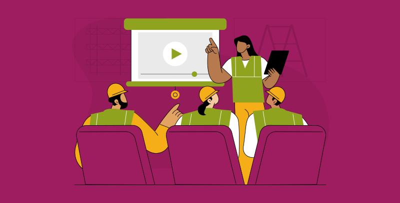 Dicas para realizar um DDS com engajamento da equipe Ilustração mostra profissional utilizando um vídeo como recurso visual para engajar a equipe durante o DDS.
