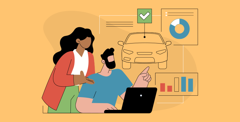 Qual tipo de checklist para carros usar Profissionais avaliando informações e gráficos sobre um veículo no computador, demonstrando a eficiência de dados obtidos por meio de um checklist de carros digital.