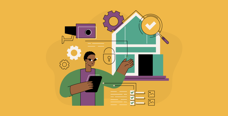 Representação de vistoria em imóvel com uso de tecnologia e checklist para garantir a segurança.