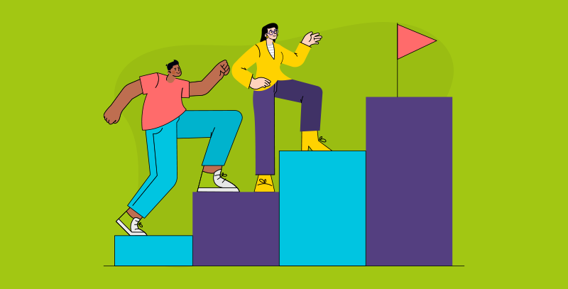 Benefícios em utilizar esse método de análise Ilustração de duas pessoas subindo degraus em direção a uma bandeira, simbolizando os benefícios do método ABC.