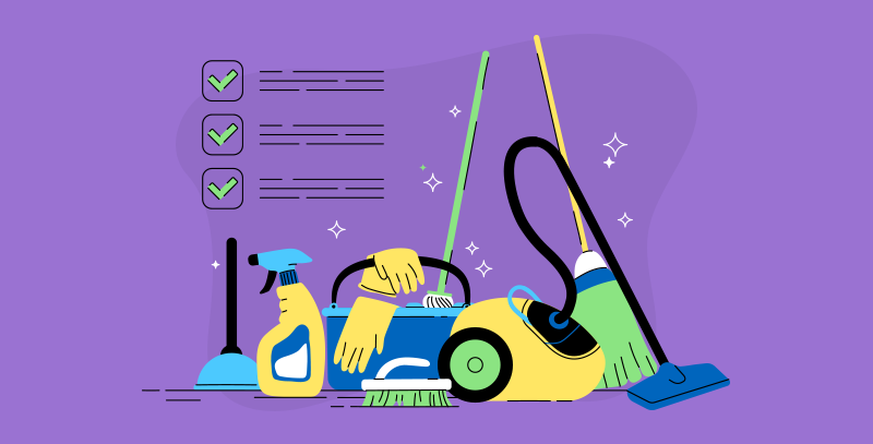 Itens de limpeza organizados e marcadores de tarefas concluídas, representando como criar e seguir um checklist para limpeza de Airbnb eficaz.