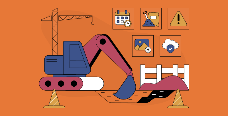 Escavadeira em operação ao lado de ícones que representam etapas e controles documentados no diário de obra.