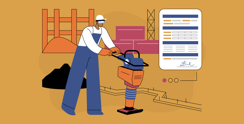 Trabalhador operando equipamento pesado em um canteiro e consultando informações registradas no diário de obra.