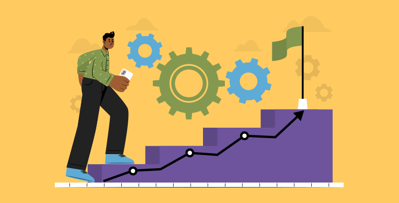 Profissional sobe degraus em direção a uma meta, simbolizando a melhoria de processos e resultados.