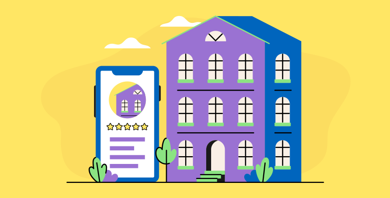 Ilustração de um imóvel e aplicativo com avaliações, simbolizando como boas práticas de higiene impacta nas notas dos hóspedes.<br />
