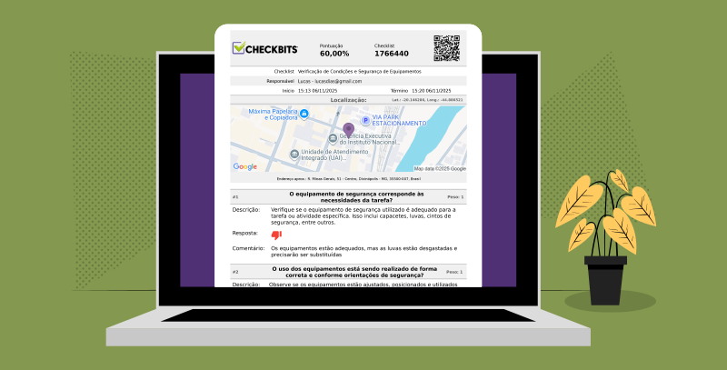 Computador exibindo relatório gerado pelo sistema, destacando como o Checkbits facilita o registro de evidências e a rastreabilidade das inspeções.