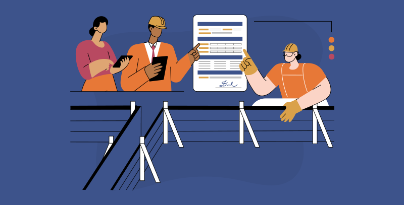 Cliente, engenheiro e pedreira avaliando e conferindo dados do diário de obra durante a execução do projeto.