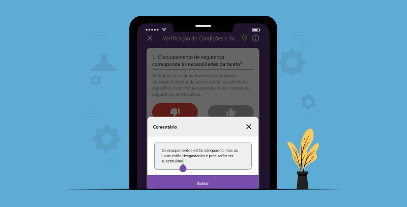 Tela de aplicativo mostrando campo de comentários usado para o registro de evidências por texto sobre condições de segurança.