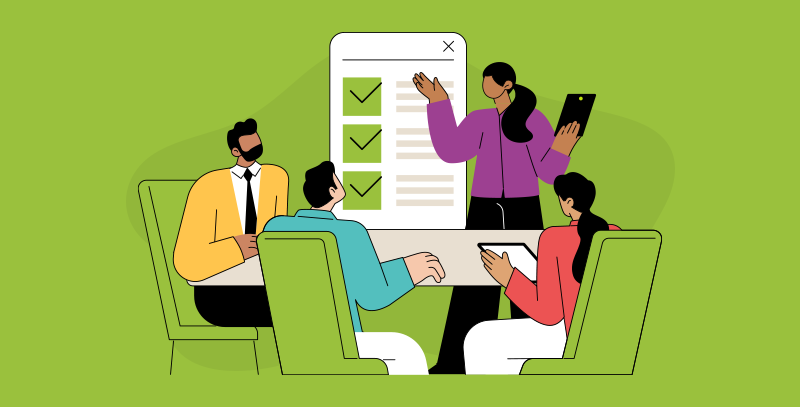 Equipe avaliando tarefas em checklist digital.