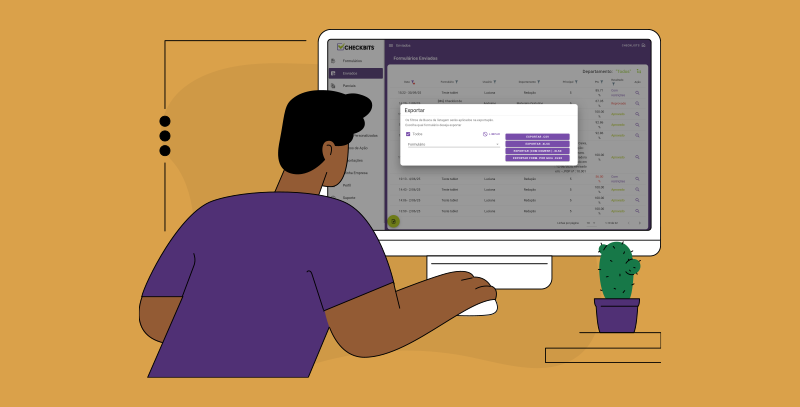 Usuário exportando formulários do sistema para o Excel, destacando a praticidade da importação e exportação de dados de checklists no Checkbits.