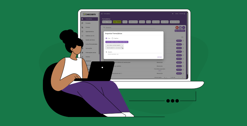 Usuária acessando o sistema para realizar a importação de dados de checklists, visualizando a tela de upload de formulários no Checkbits.