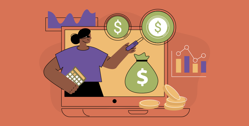 Painel com ícones de indicadores financeiros, como setas, porcentagens e gráficos, representando métricas usadas no balanço de empresa.