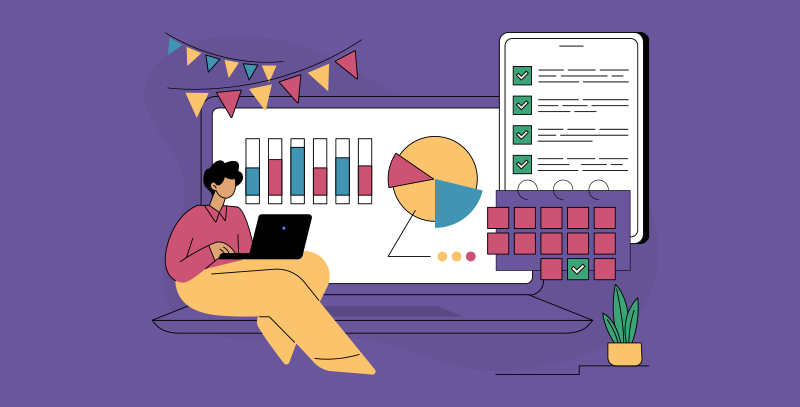 Otimização de eventos com checklists digitais Pessoa usando notebook diante de gráficos e um checklist de eventos digital integrado a calendário e indicadores.