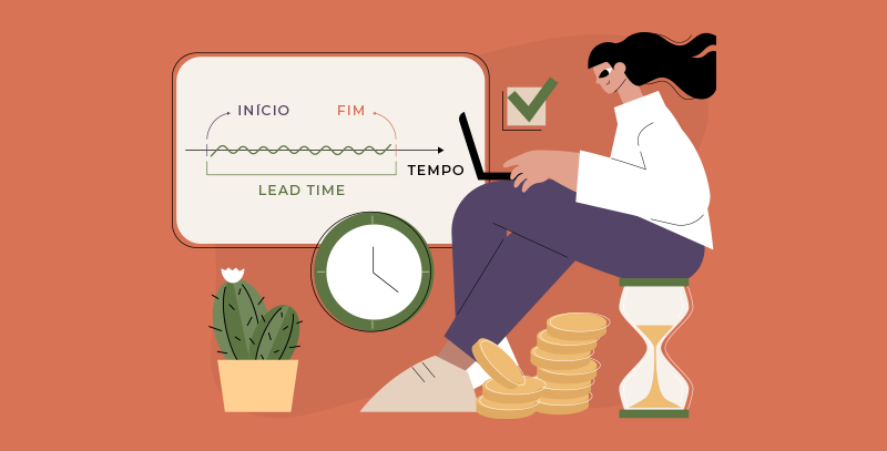 Pessoa com notebook diante de gráfico de início e fim, com relógio e ampulheta.