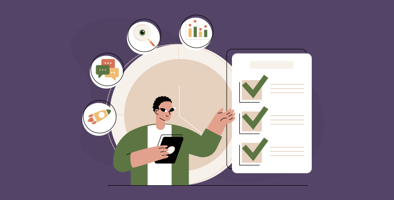 Pessoa segurando tablet ao lado de um checklist com itens marcados e ícones de análise, comunicação e indicadores, ilustrando o monitoramento e controle de atividades que influenciam o lead time.