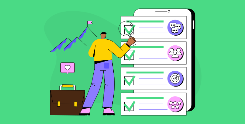 Ilustração de colaborador interagindo com uma lista digital em tela grande, destacando etapas, validações e itens fundamentais de um checklist de onboarding.