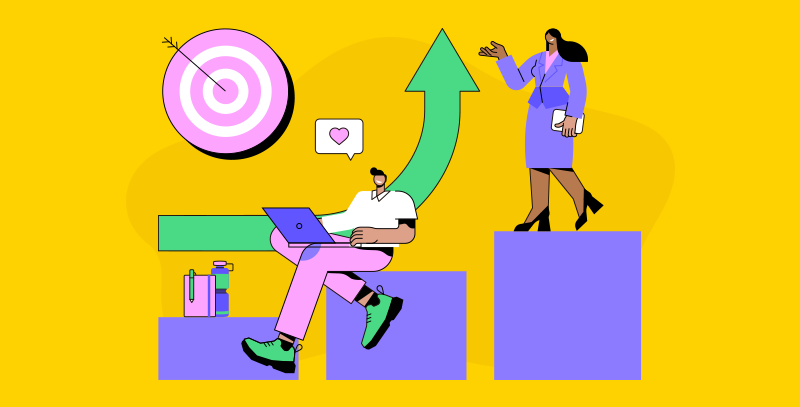 Ilustração de aumento de produtividade e eficiência com apoio de checklist de onboarding e kits, incluindo materiais e brindes para novos colaboradores.