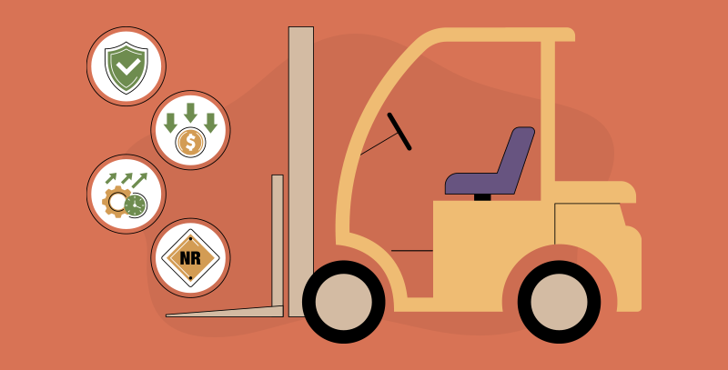 Empilhadeira ilustrada ao lado de ícones operacionais, indicando critérios de segurança, custo e desempenho avaliados em um checklist de empilhadeira.