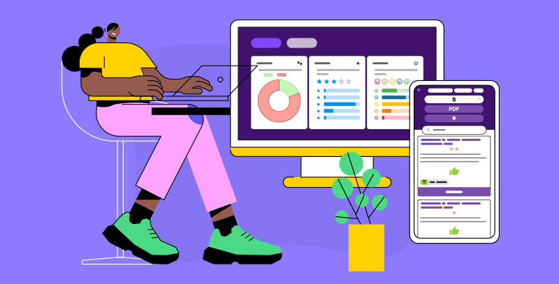 Imagem de profissional utilizando computador e smartphone com dashboards, relatórios e checklists digitais integrados.