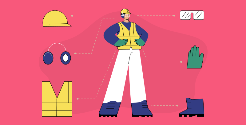 Profissional com EPIs e itens de proteção ilustrando setores que usam checklists na área de segurança.<br />
