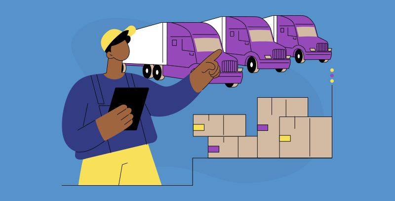 Operador verificando cargas e caminhões com tablet.<br />
