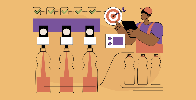 Aumentar a produtividade Linha de envase com colaborador utilizando tablet, checklist concluído e meta atingida, mostrando aumento de produtividade.