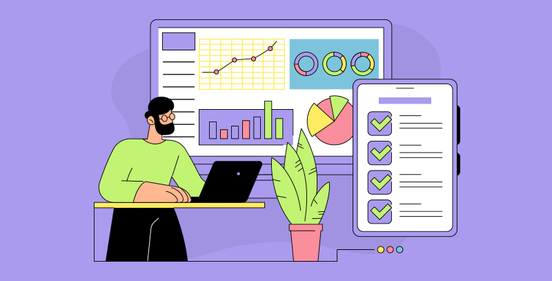 Analista diante de painel com gráficos e checklist digital, exemplificando como checklists apoiam melhorias no setor operacional.