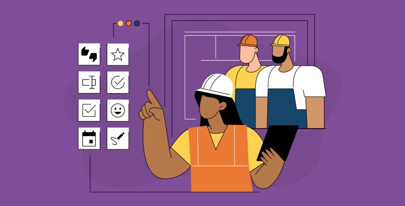 Profissional com tablet ensinando sua equipe como utilizar o app Checkbits, apontando para ícones dos diferentes tipos de respostas.