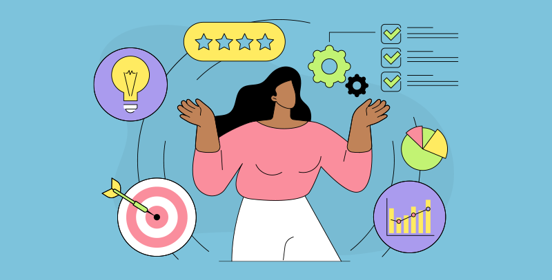 Profissional cercada por indicadores, metas e itens marcados, mostrando práticas de autogestão no setor operacional.