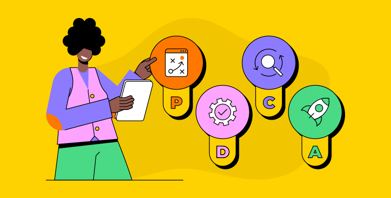 O que é PDCA Pessoa segurando tablet ao lado de quatro marcadores circulares alinhados com ícones de planejamento, execução, verificação e ação, ilustrando as etapas da metodologia pdca.